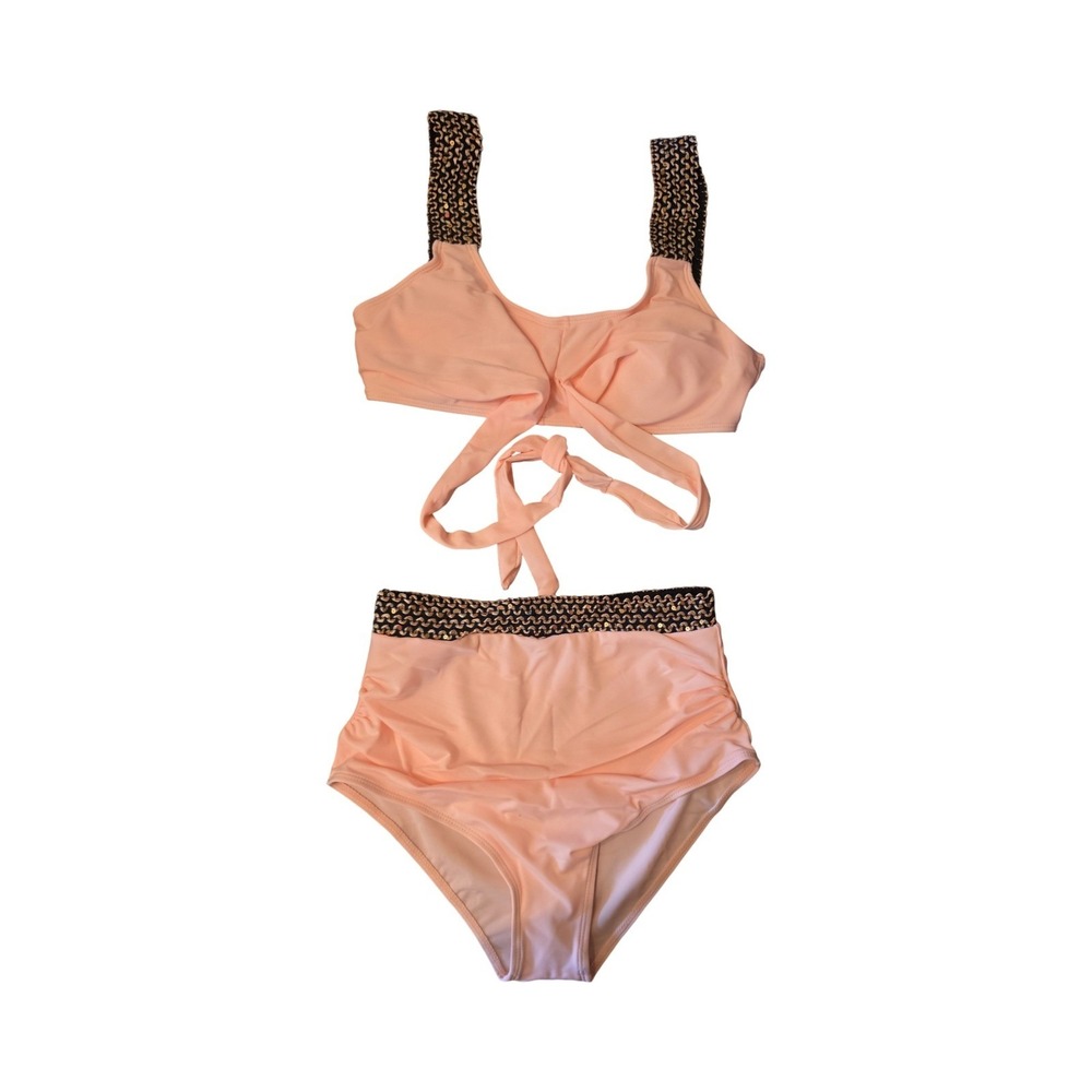 Peach Pink High Waisted Bikini Set with Gold Sequin Trim Wrap Top Small